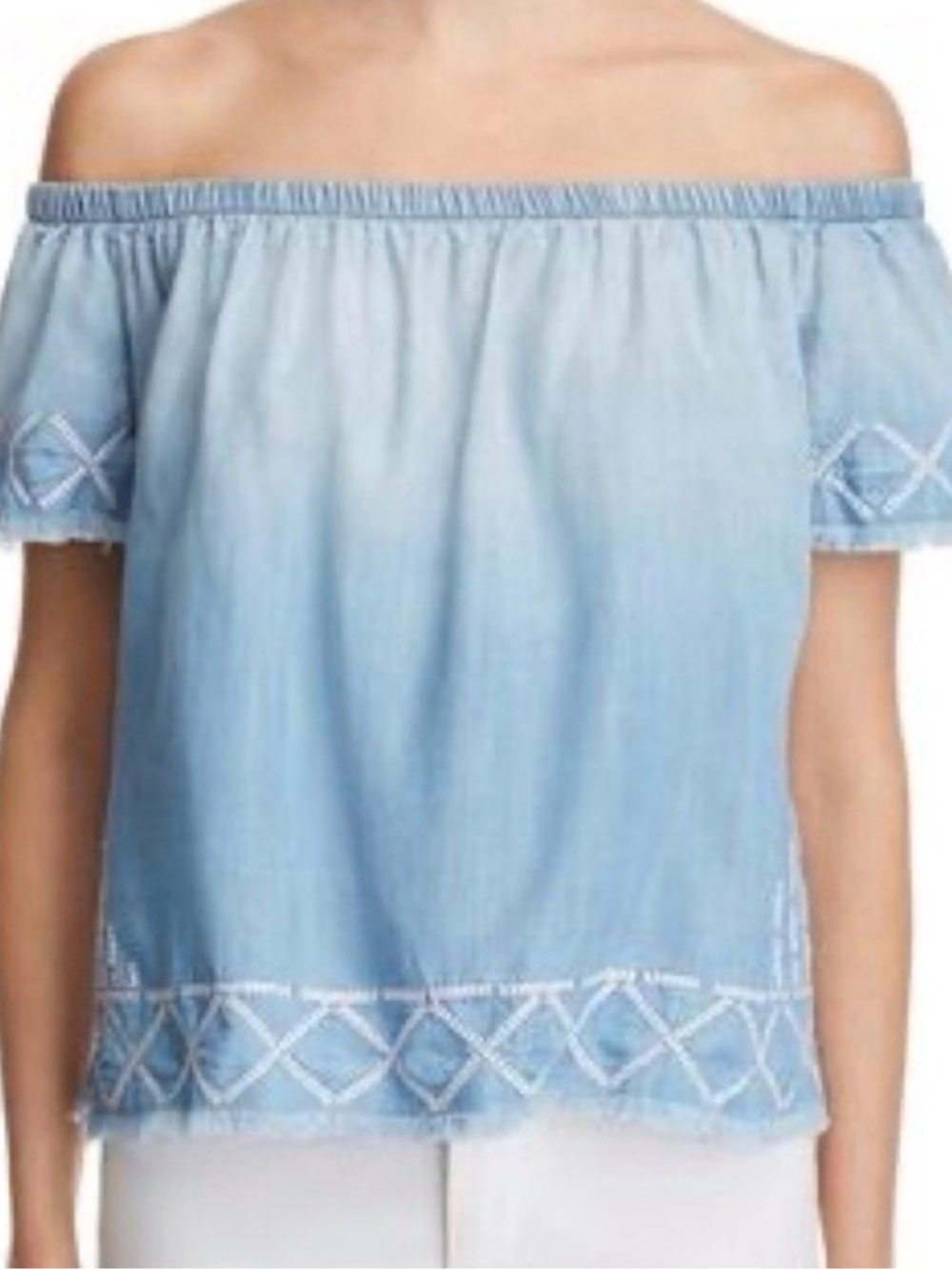 Bella Dahl Light Blue Off-Shoulder Embroidered Tunic Top